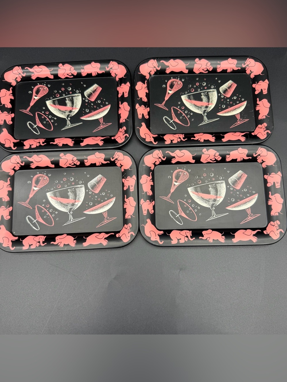 Vintage Pink Elephant Cocktail Serving Trays - Set of 4